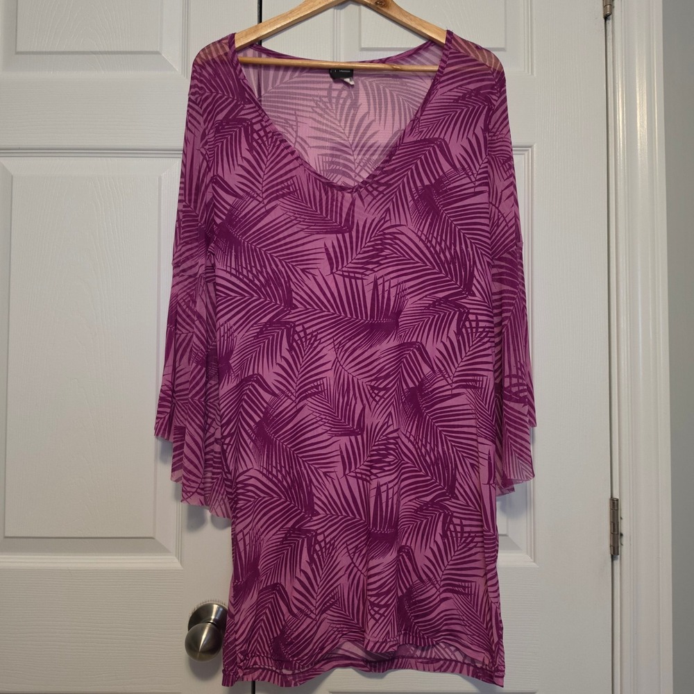Cover Me Tropical Palm Leaf Print Sheer Mesh Bell Sleeve Tunic Top Purple Size M